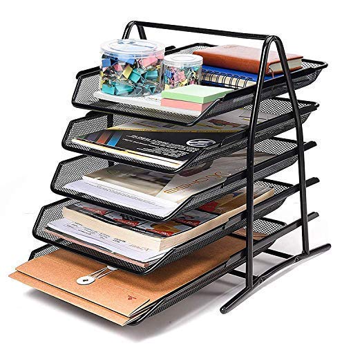 Qatalitic 5 Tier Mesh Metal Desk Organiser File, Rack Letter Tray, A4 Papers, Documents Holder Desk Organizer with slidable compartments for Office-Black