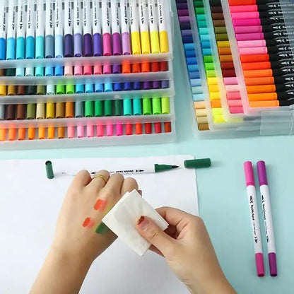 Qatalitic Dual Tip Brush Pens - 24 Color Felt Tip Pen Set with Fineliners, Watercolor Marker, And Highlighters - Ideal for Coloring, Drawing, Sketching, And Calligraphy, Multicolor