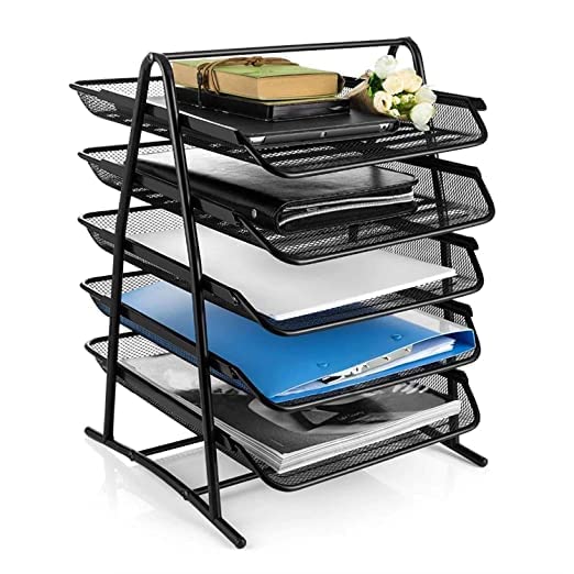 Qatalitic 5 Tier Mesh Metal Desk Organiser File, Rack Letter Tray, A4 Papers, Documents Holder Desk Organizer with slidable compartments for Office-Black