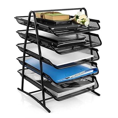 Qatalitic 5 Tier Mesh Metal Desk Organiser File, Rack Letter Tray, A4 Papers, Documents Holder Desk Organizer with slidable compartments for Office-Black