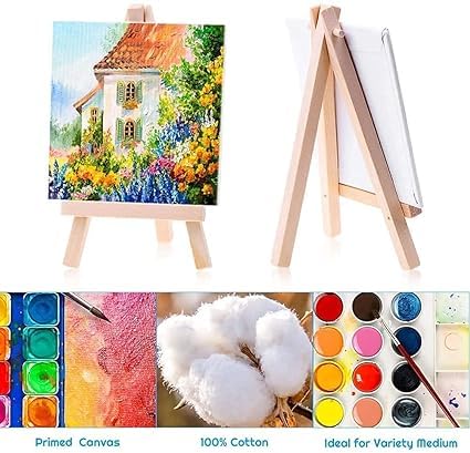 Qatalitic Display Easel, Set of 2 pcs with 10 x 10 cm Canvas Board, for Acrylic and Watercolour Painting or Office Desk Decor