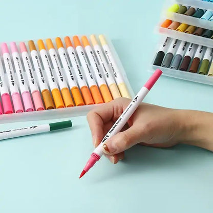 Qatalitic Dual Tip Brush Pens - 24 Color Felt Tip Pen Set with Fineliners, Watercolor Marker, And Highlighters - Ideal for Coloring, Drawing, Sketching, And Calligraphy, Multicolor