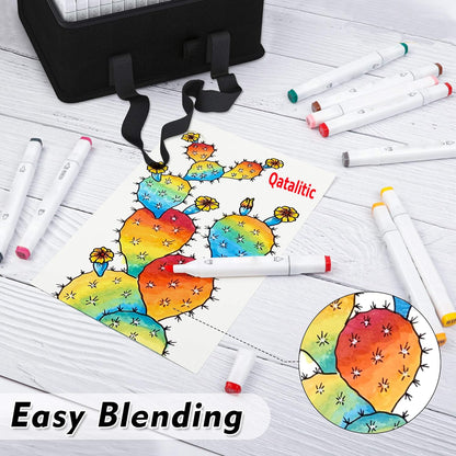 Qatalitic 12 Colours Alcohol Based Markers, Dual Tip Art Marker Set (Fine and Chisel Tip), with Carrying Plastic Box, For DIY Art, Colouring Illustrations, Great Value Pack For Kids, Adults & Students