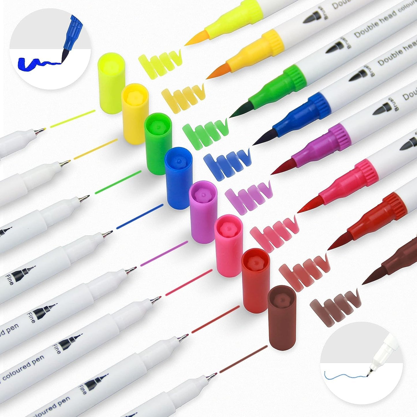 Qatalitic Set of 12 Dual Tip Brush Marker Pens, Brush Tip with Fine Liner 0.4 mm and Markers Pen with 1-2 mm Tip, Double Ended Painting Pen, Used for Drawing, Sketching