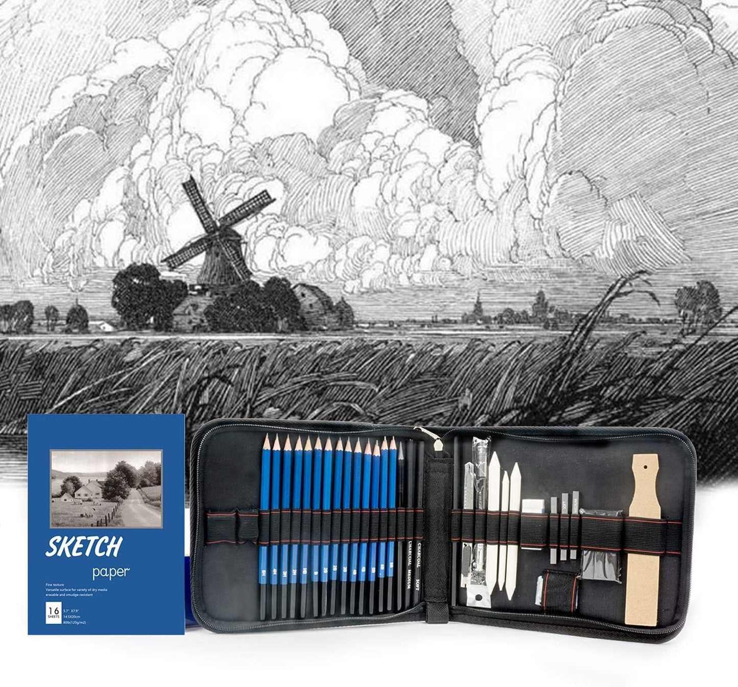 Qatalitic 35 Pcs Art Sketching Kit, Graphite & Charcoal Drawing Pencil Set with Zipper Case, also Includes Eraser, Sketch Book & Other Tools for Artists, for Shading Sketches and Professional Drawings