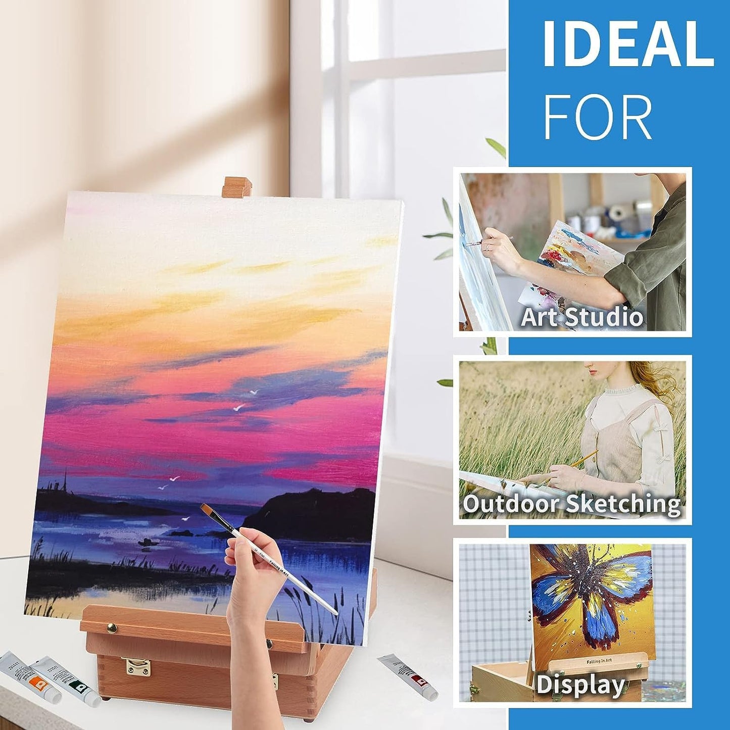 Qatalitic Tabletop Painting Easel, Portable Wooden Box Adjustable Easel, Ideal for Painting, Drawing, and Canvas Work, (Holds Canvases up to 62 cm, 2 Feet)