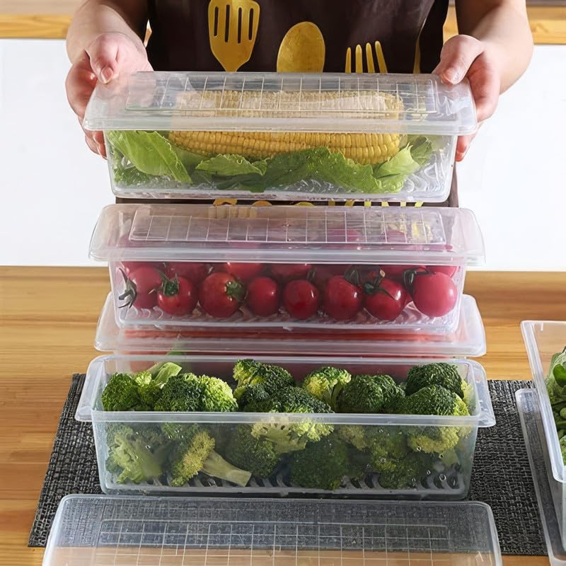 Qatalitic Fridge Storage Containers (Pack of 6), Fridge Organiser Storage Boxes with Removable Drain Plate, Lids, Stackable Organizer, Fridge Storage Box Keep Fruits, Vegetables Fresher, 1500 ML