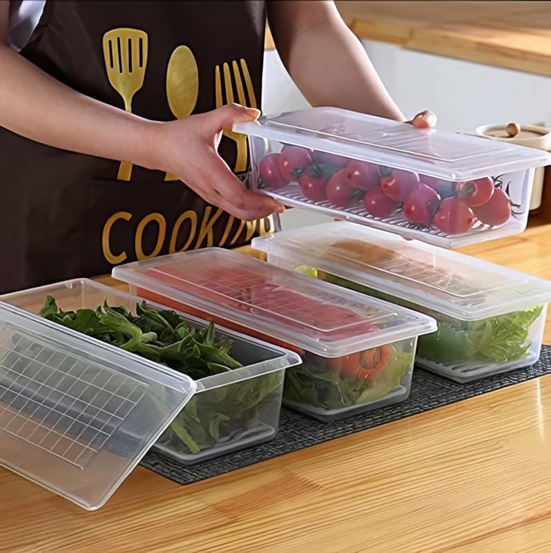 Qatalitic Fridge Storage Containers (Pack of 6), Fridge Organiser Storage Boxes with Removable Drain Plate, Lids, Stackable Organizer, Fridge Storage Box Keep Fruits, Vegetables Fresher, 1500 ML