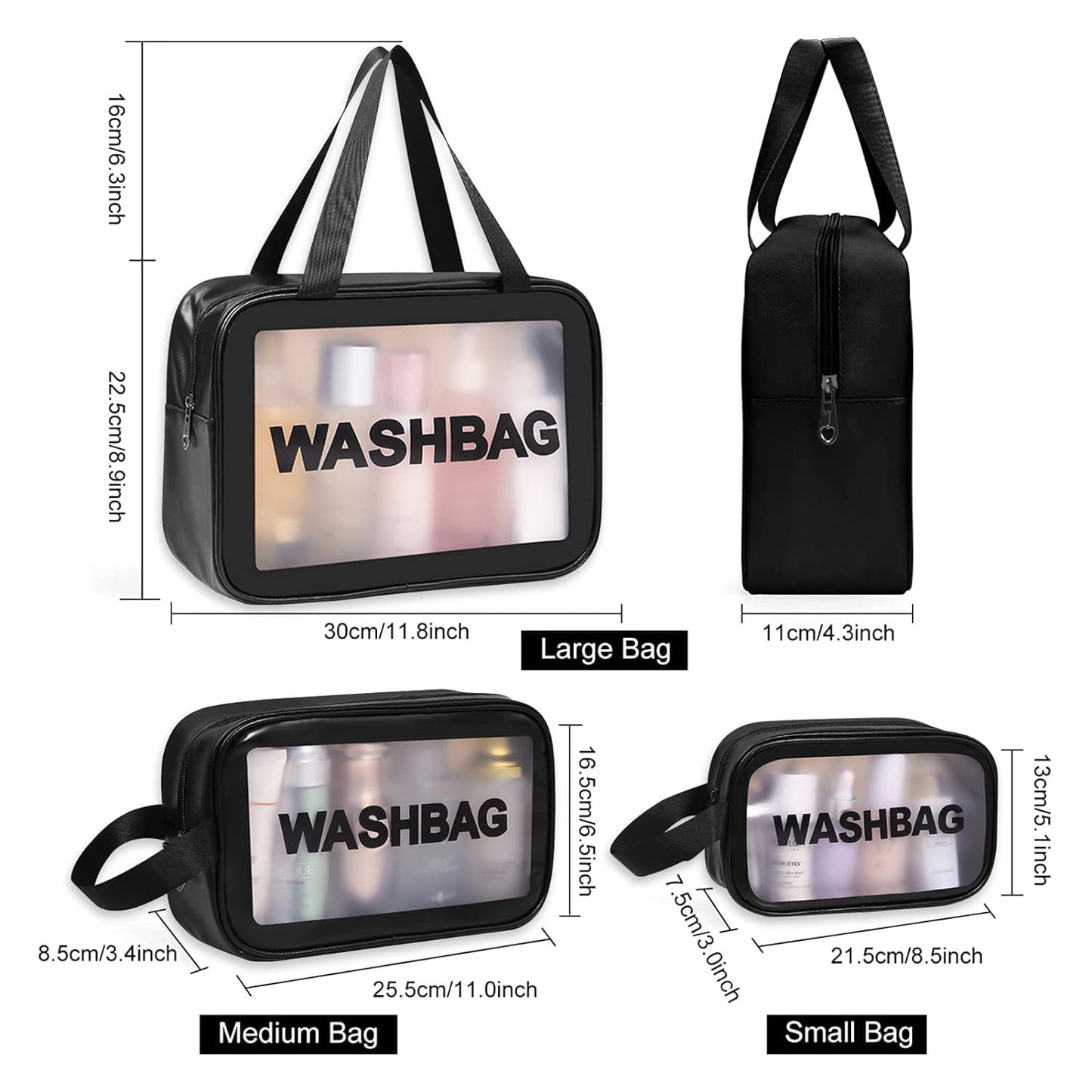 VeriXpress Set of 3 Clear Travel Makeup Pouch Set, Make up Bag for Home & Travel, Toiletries Organizer for Cosmetic, Bag for Women and Girls Toiletry Storage Kit (3, Black)