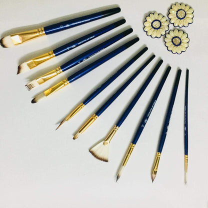 Qatalitic 10 Pcs Paint Brush, Wooden Handle Mix Synthetic Hair Paintbrush Set of 10 Round, Filbert, Fan Nylon Bristles, For Canvas, Watercolour, Acrylic and Oil Painting