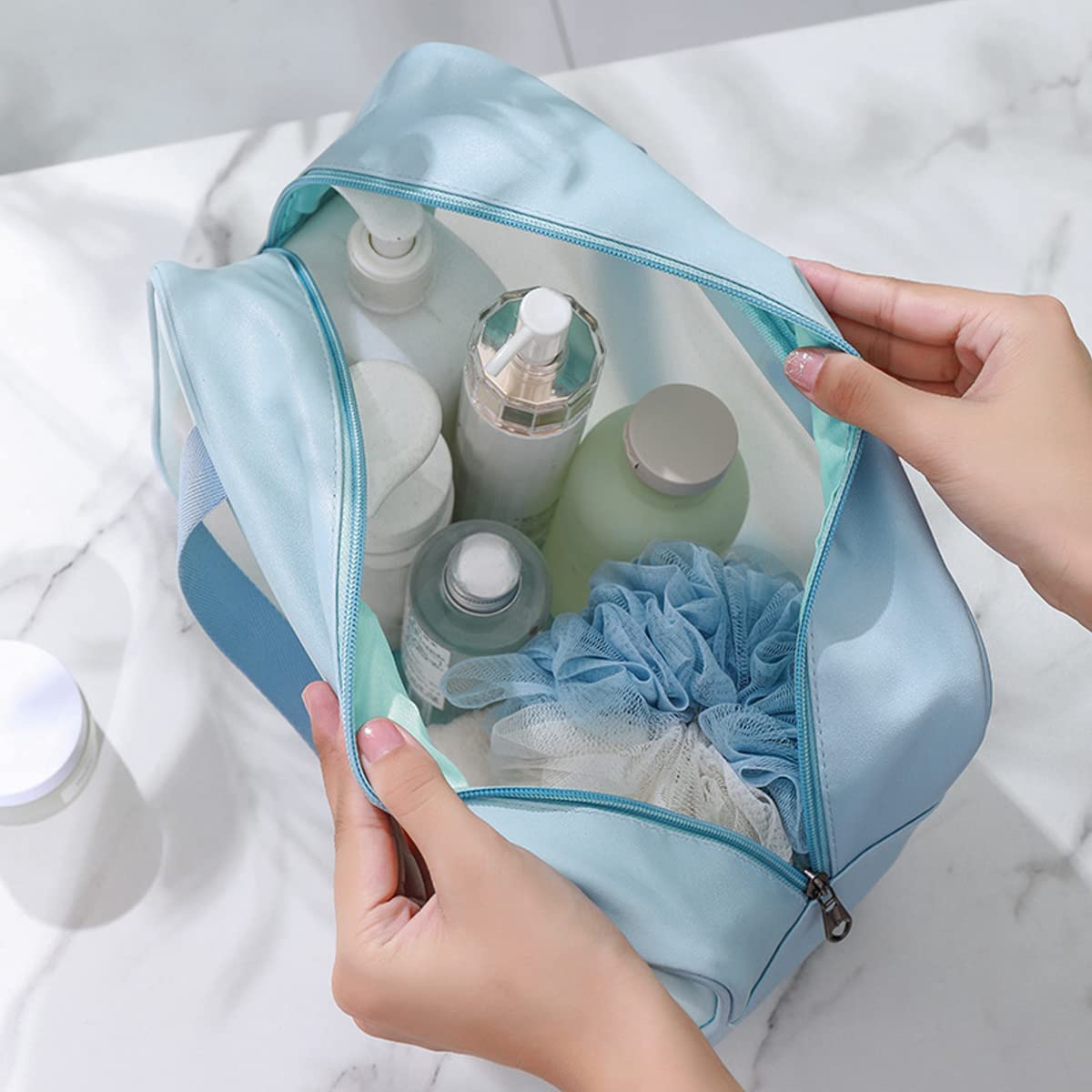 VeriXpress Set of 3 Clear Travel Makeup Pouch Set, Make up Bag for Home & Travel, Toiletries Organizer for Cosmetic, Bag for Women and Girls Toiletry Storage Kit (3, Blue)