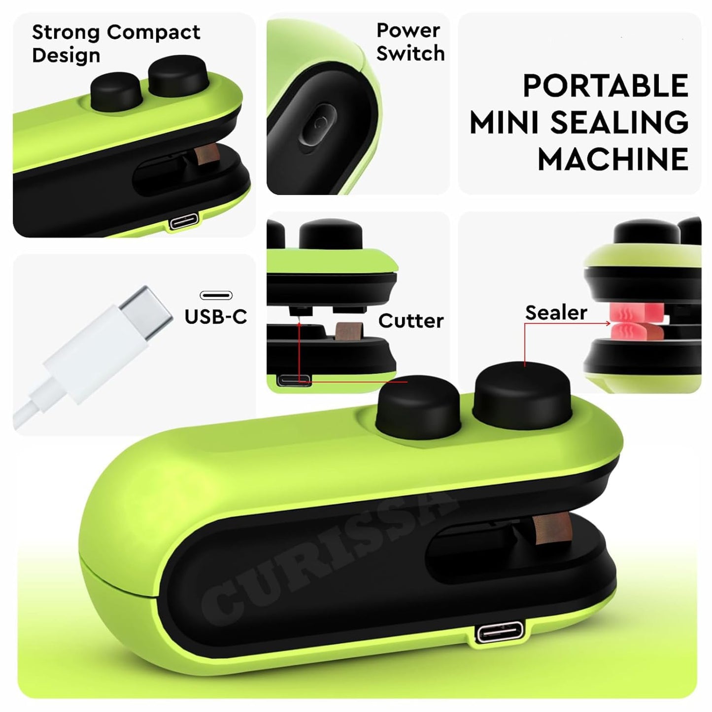 VeriXpress Portable Mini Sealing Machine, 2 in 1 USB Rechargeable Magnetic Heat Sealing & Cutting, for Food, Snacks, Chips, Fresh Storage, Plastic Bags Sealing Machine 1 YEAR Warranty (Green)