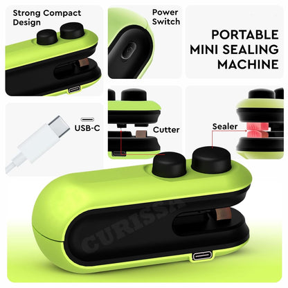 VeriXpress Portable Mini Sealing Machine, 2 in 1 USB Rechargeable Magnetic Heat Sealing & Cutting, for Food, Snacks, Chips, Fresh Storage, Plastic Bags Sealing Machine 1 YEAR Warranty (Green)