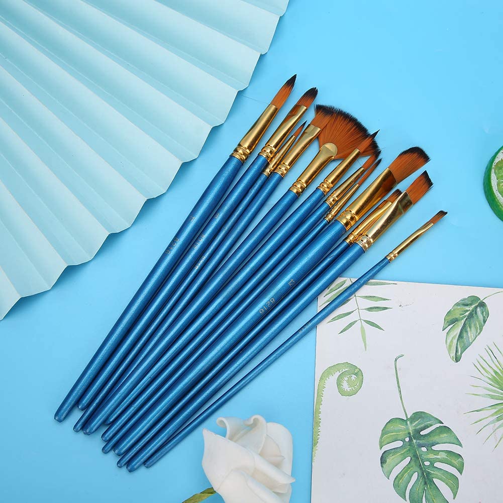 Qatalitic 12 Pcs Paint Brush, Wooden Handle Mix Synthetic Hair Paintbrush Set of 12 Round, Filbert, Fan Nylon Bristles, For Canvas, Watercolour, Acrylic and Oil Painting