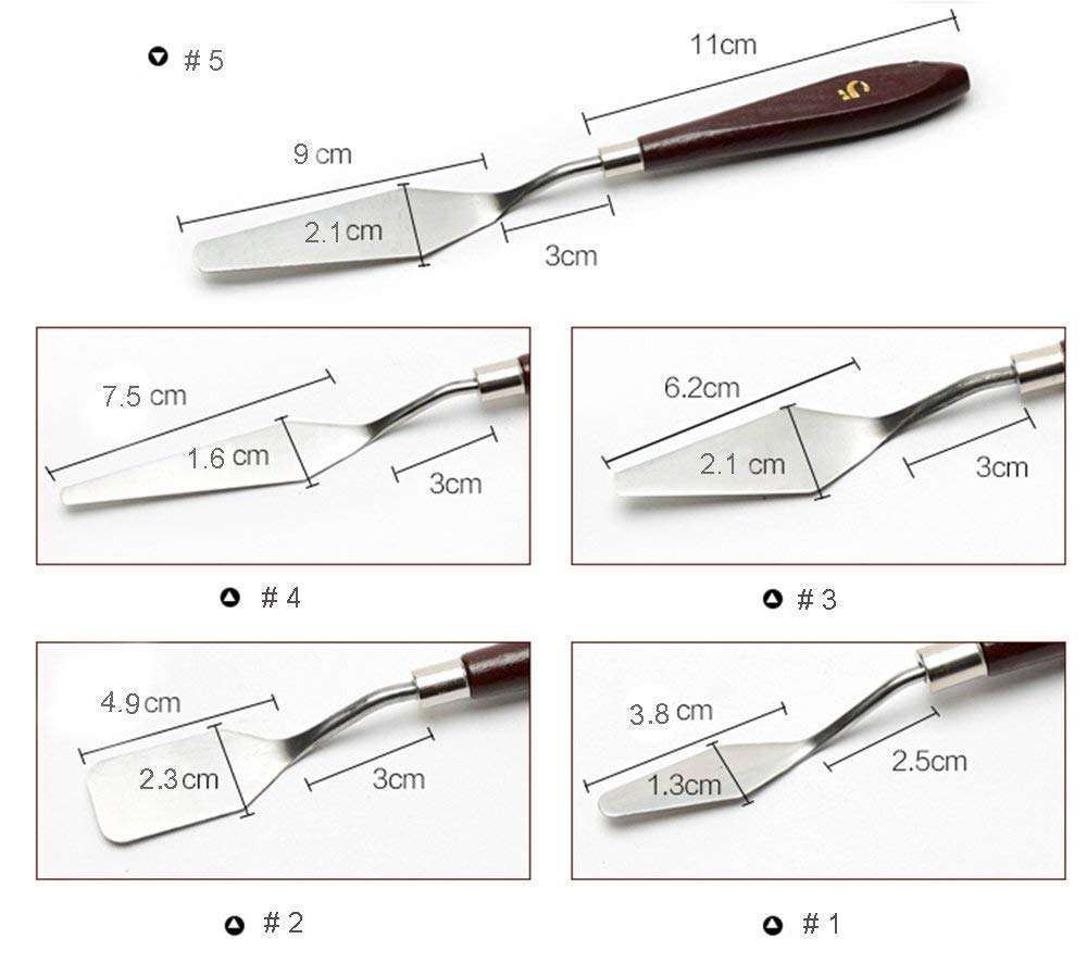 Qatalitic Set of 5 Palette Painting Knives of Various Sizes & Shapes, Stainless Steel Scraper Spatula Polished Brown Handle for Artist Canvas Oil Paint Color Mixing