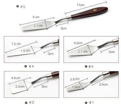 Qatalitic Set of 5 Palette Painting Knives of Various Sizes & Shapes, Stainless Steel Scraper Spatula Polished Brown Handle for Artist Canvas Oil Paint Color Mixing