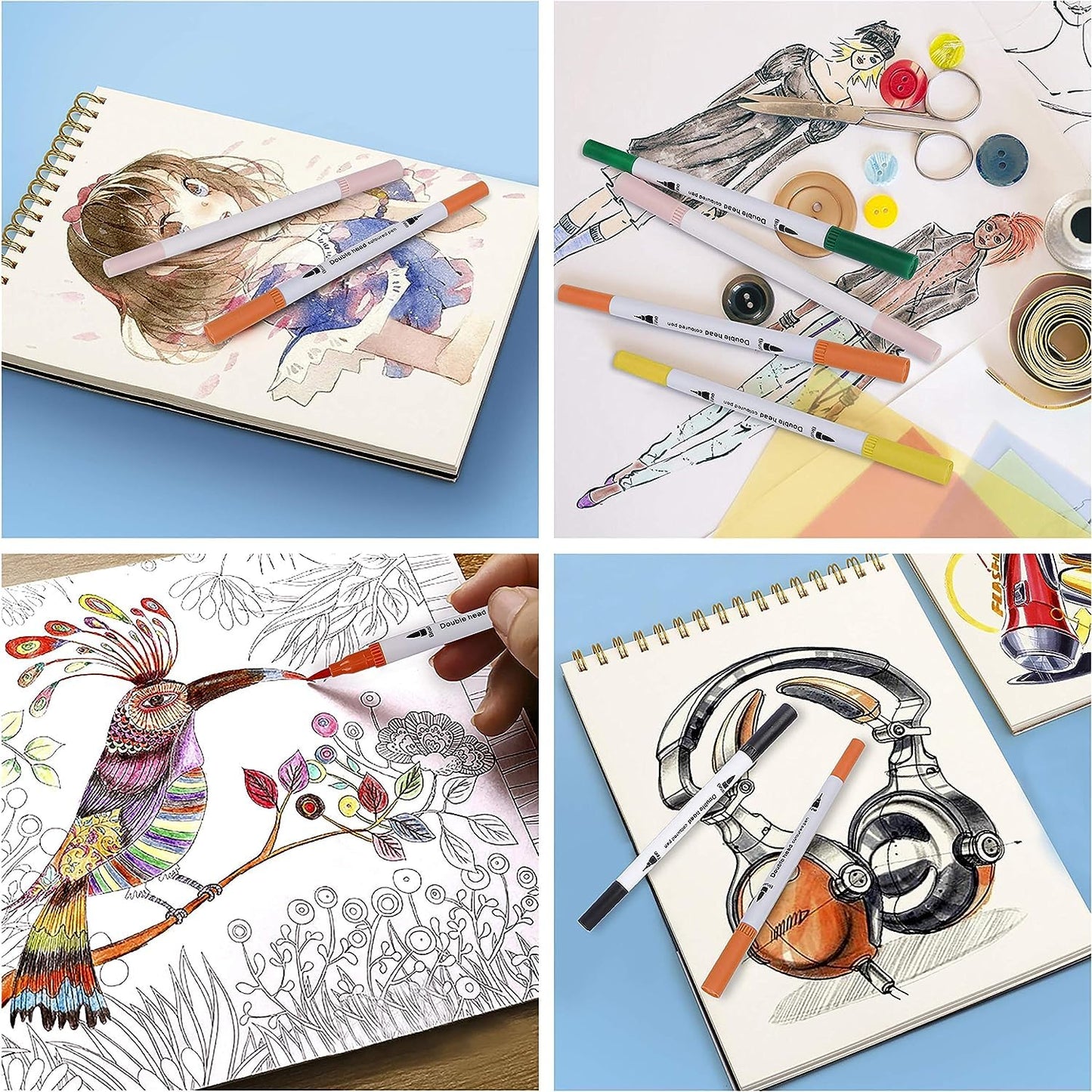 Qatalitic Set of 12 Dual Tip Brush Marker Pens, Brush Tip with Fine Liner 0.4 mm and Markers Pen with 1-2 mm Tip, Double Ended Painting Pen, Used for Drawing, Sketching