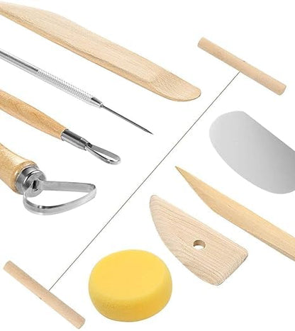 Qatalitic 8 Pcs Wooden Pottery Tool Kit with Sponge, for Sculpting Clay Tool Set, Includes Cutting, Modeling, Trimming, Smoothing, Cleaning, Carving and Shaping Tools