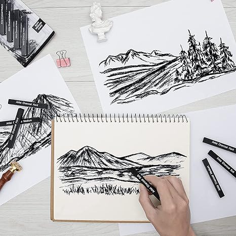 Qatalitic 6 PCS Compressed Charcoal Stick Drawing Charcoal Assorted Hard Medium Soft for Sketching, Drawing, Shading - Black