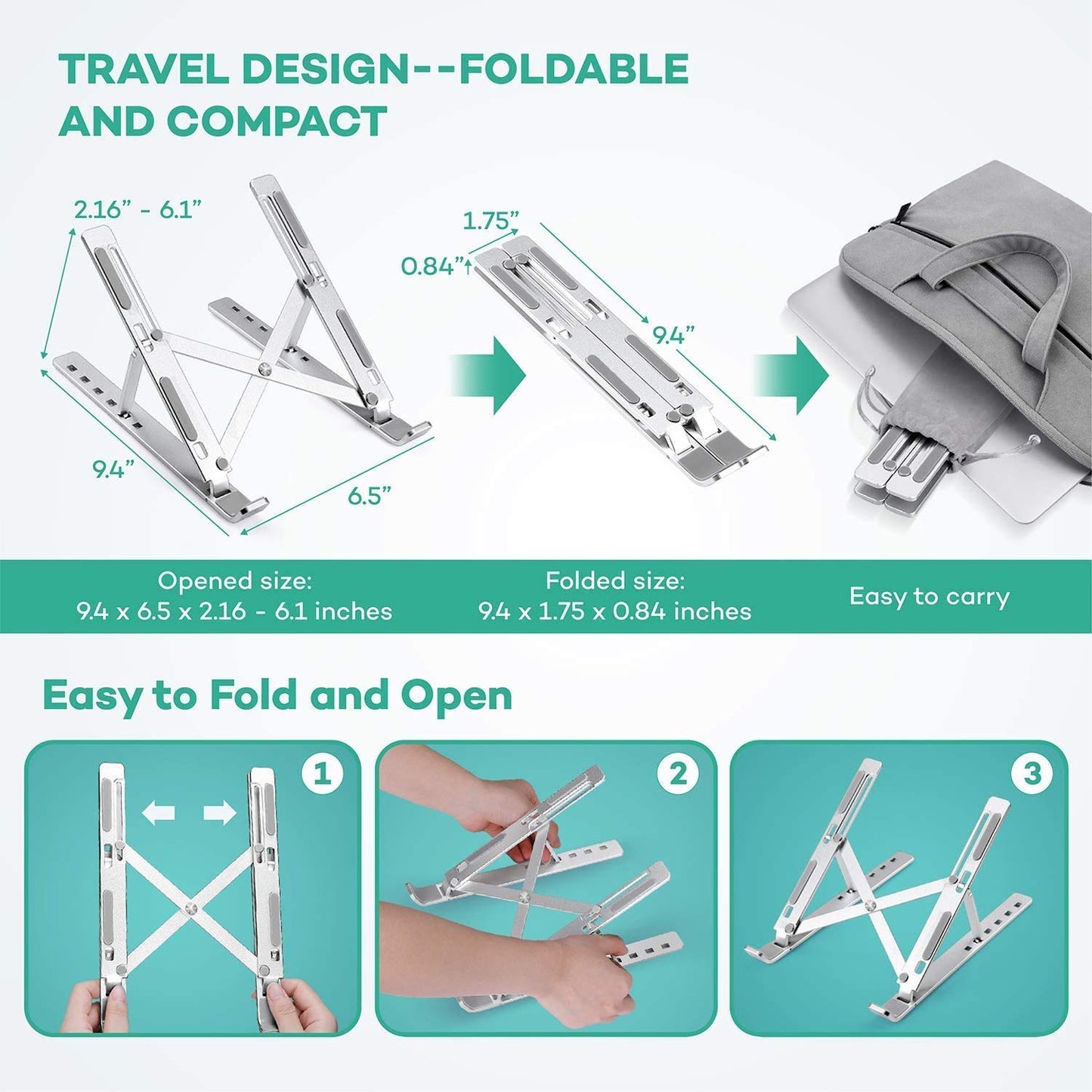 Qatalitic Portable Metal Frame Laptop Stand Holder, Multi Level Adjustable Aluminum Ergonomic Foldable Stand, OverHeating Protection for All Laptops and for Multifunction Use (Silver)