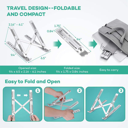 Qatalitic Portable Metal Frame Laptop Stand Holder, Multi Level Adjustable Aluminum Ergonomic Foldable Stand, OverHeating Protection for All Laptops and for Multifunction Use (Silver)