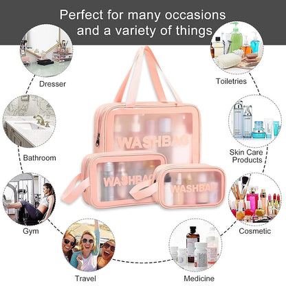 VeriXpress Set of 3 Clear Travel Makeup Pouch Set, Make up Bag for Home & Travel, Toiletries Organizer for Cosmetic, Bag for Women and Girls Toiletry Storage Kit (3, Pink)