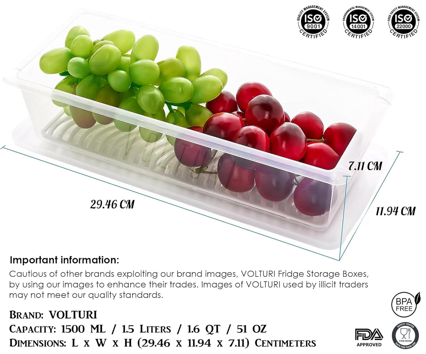VOLTURI Fridge Storage Boxes (Pack of 6), Fridge Organisers with Removable Drain Plate, Fridge Storage Containers Keeps Fruits, Vegetables, Pantry Items Stackable, Space-Saving Storage Box Set, 1.5L