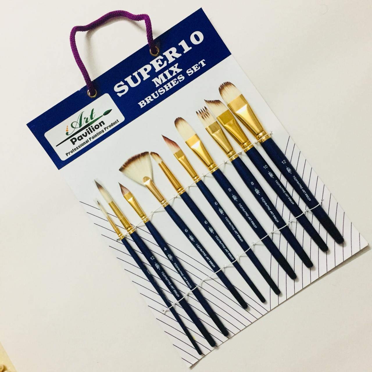 Qatalitic 10 Pcs Paint Brush, Wooden Handle Mix Synthetic Hair Paintbrush Set of 10 Round, Filbert, Fan Nylon Bristles, For Canvas, Watercolour, Acrylic and Oil Painting