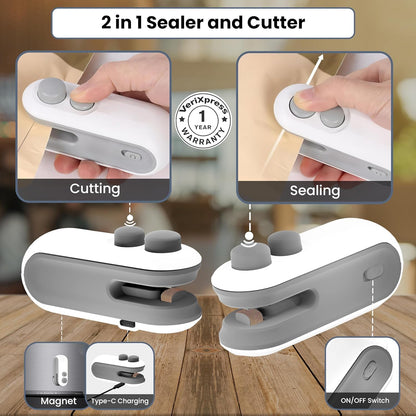 VeriXpress Portable Mini Sealing Machine, 2 in 1 USB Rechargeable Magnetic Heat Sealing & Cutting, for Food, Snacks, Chips, Fresh Storage, Plastic Bags Sealing Machine 1 YEAR Warranty (White)