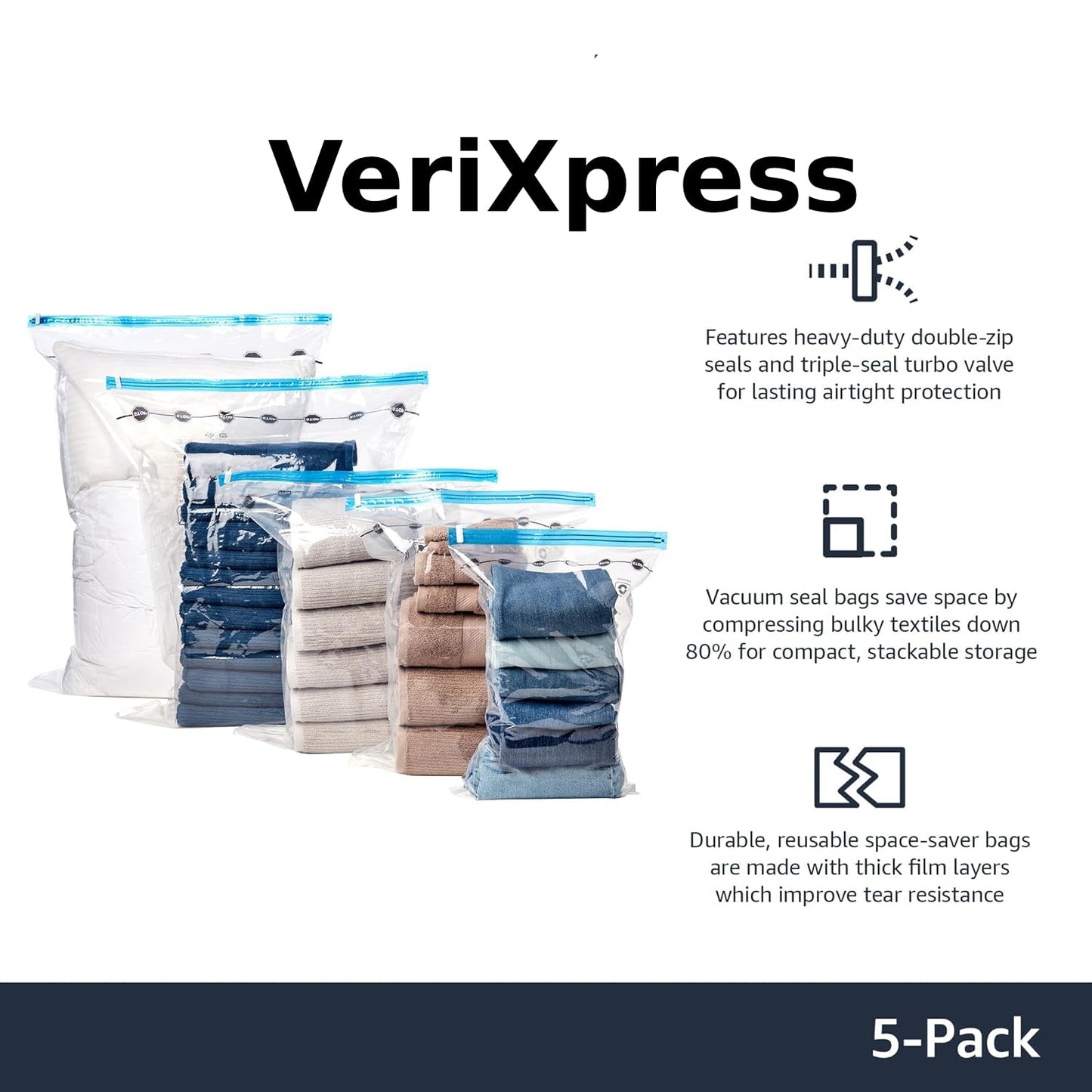 VeriXpress Vacuum Compression Storage Bags with Hand Pump - Large, 5-Pack, Plastic