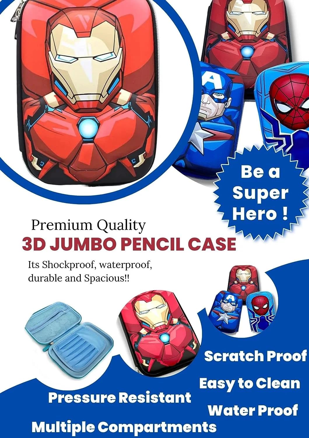 Qatalitic Big Size EVA 3D Cover Pencil Case, Large Capacity (Ironman) Pencil Case with Compartments, School Pouch Organizer for Students, Stylish Pen Holder Pouch, Art Pencil Box (red)
