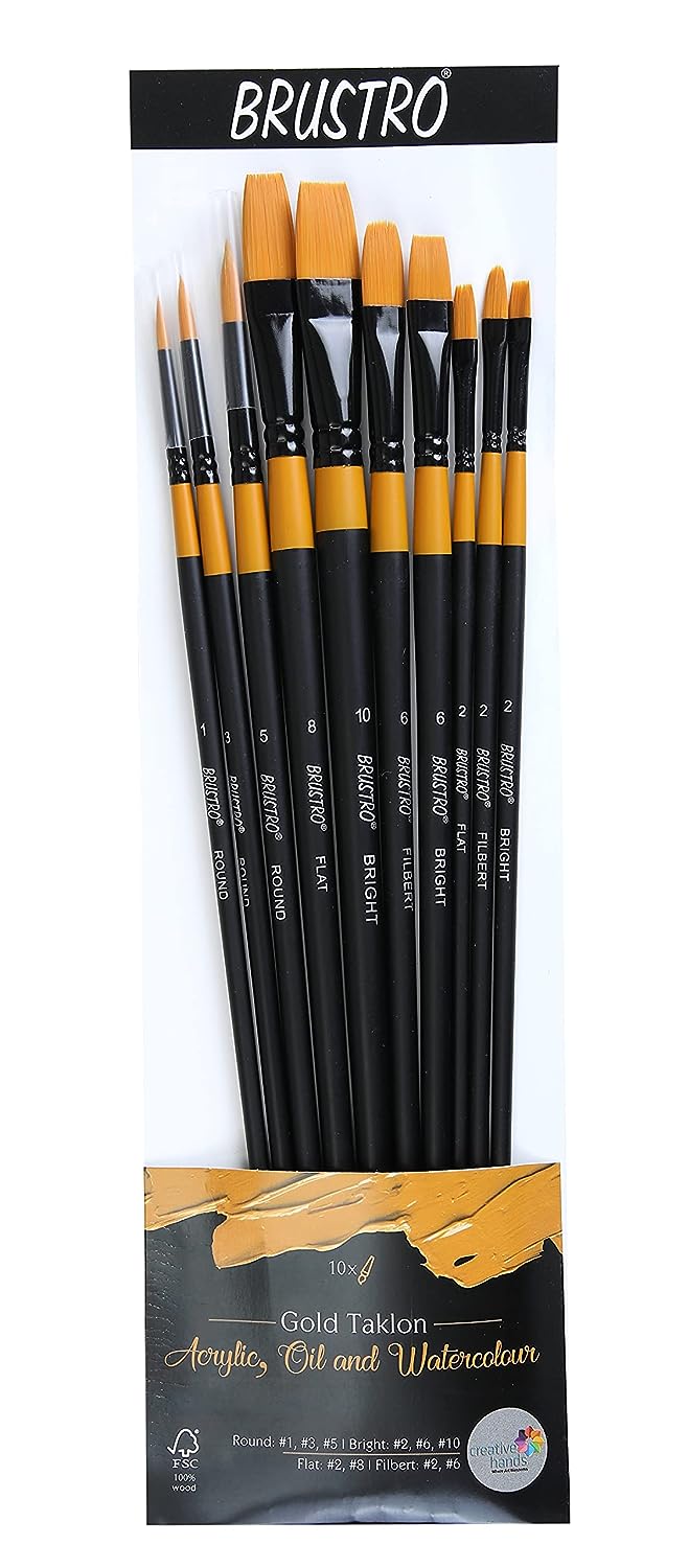 Qatalitic  Artists Gold Taklon Set of 10 Brushes for Acrylics, Oil and Watercolour.