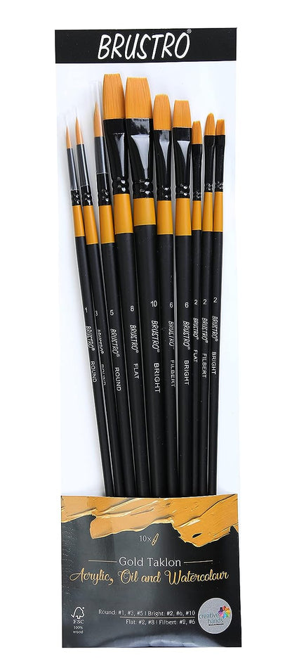 Qatalitic  Artists Gold Taklon Set of 10 Brushes for Acrylics, Oil and Watercolour.