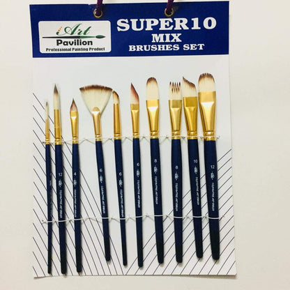 Qatalitic 10 Pcs Paint Brush, Wooden Handle Mix Synthetic Hair Paintbrush Set of 10 Round, Filbert, Fan Nylon Bristles, For Canvas, Watercolour, Acrylic and Oil Painting