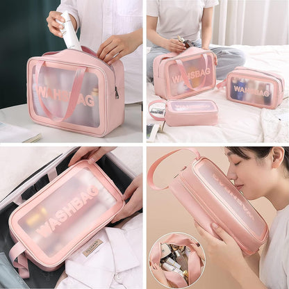 VeriXpress Set of 3 Clear Travel Makeup Pouch Set, Make up Bag for Home & Travel, Toiletries Organizer for Cosmetic, Bag for Women and Girls Toiletry Storage Kit (3, Pink)