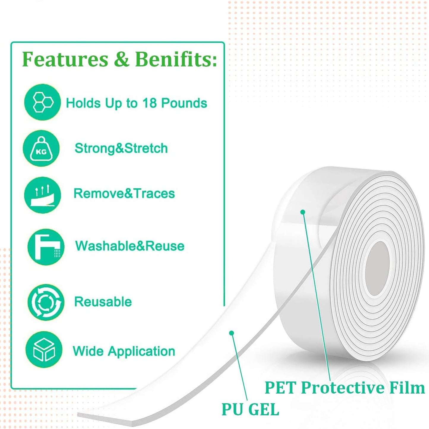 Qatalitic 2 Pcs Double Sided Adhesive Tape 3 Metre Heavy Duty, Clear & Tough Nano, Removable, Reusable and Washable Transparent Adhesive Tape for DIY Art & Craft