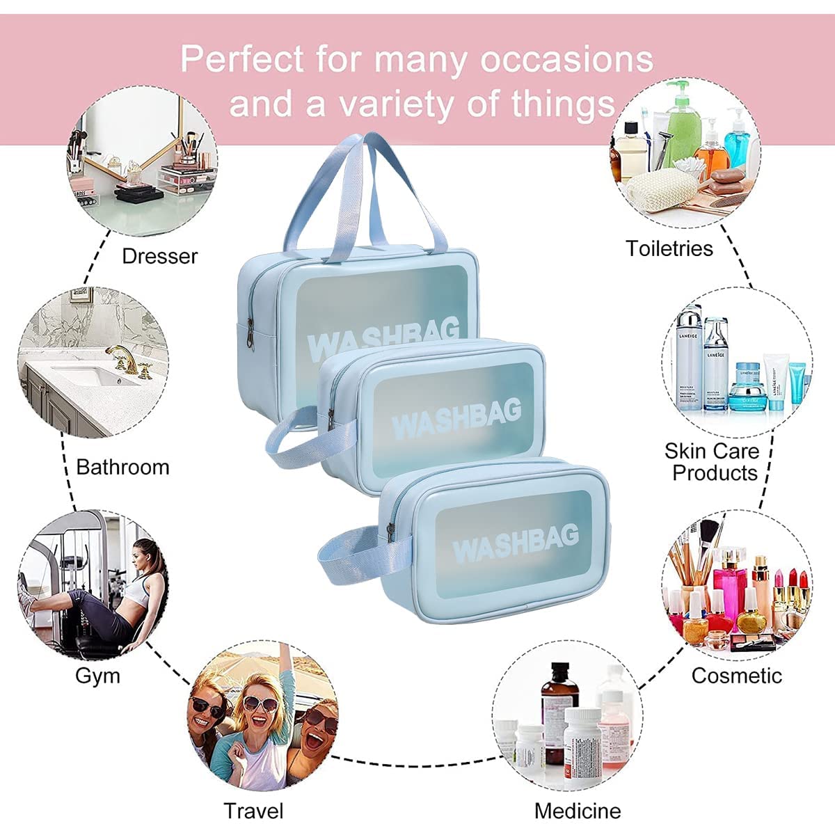VeriXpress Set of 3 Clear Travel Makeup Pouch Set, Make up Bag for Home & Travel, Toiletries Organizer for Cosmetic, Bag for Women and Girls Toiletry Storage Kit (3, Blue)