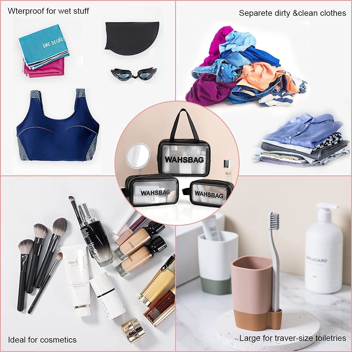 VeriXpress Set of 3 Clear Travel Makeup Pouch Set, Make up Bag for Home & Travel, Toiletries Organizer for Cosmetic, Bag for Women and Girls Toiletry Storage Kit (3, Black)