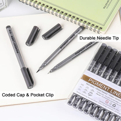 Qatalitic 9 Pcs Black Micro-Pen Fineliner Drawing Ink Pens, Waterproof Archival Black Pigment Writing Drawing Pens, Assorted Point Sizes for Sketching, Anime, Manga, Technical Drawing, Scrapbooking