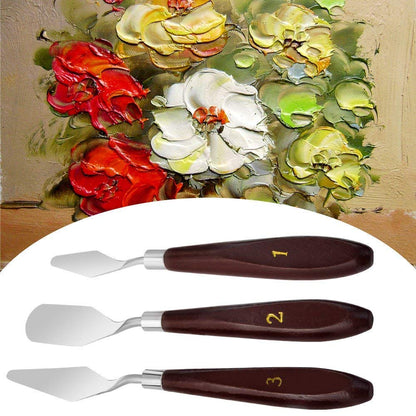 Qatalitic Set of 5 Palette Painting Knives of Various Sizes & Shapes, Stainless Steel Scraper Spatula Polished Brown Handle for Artist Canvas Oil Paint Color Mixing