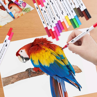 Qatalitic Dual Tip Brush Pens - 24 Color Felt Tip Pen Set with Fineliners, Watercolor Marker, And Highlighters - Ideal for Coloring, Drawing, Sketching, And Calligraphy, Multicolor