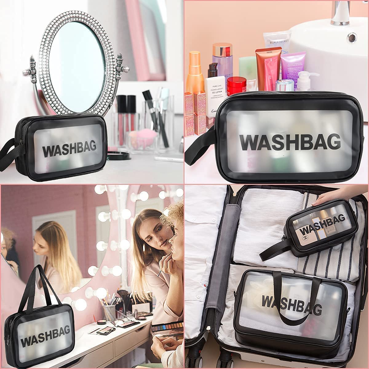 VeriXpress Set of 3 Clear Travel Makeup Pouch Set, Make up Bag for Home & Travel, Toiletries Organizer for Cosmetic, Bag for Women and Girls Toiletry Storage Kit (3, Black)