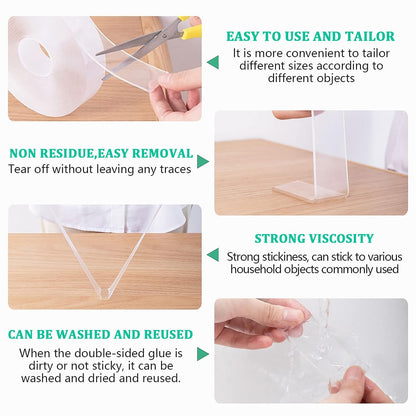 Qatalitic 2 Pcs Double Sided Adhesive Tape 3 Metre Heavy Duty, Clear & Tough Nano, Removable, Reusable and Washable Transparent Adhesive Tape for DIY Art & Craft