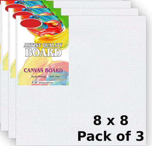Qatalitic Set of 3 pc. 8 x 8 inch Canvas Board, 100% Cotton, Acid Free, Blank White Mini Canvases for Oil, Acrylic & Watercolour Paint