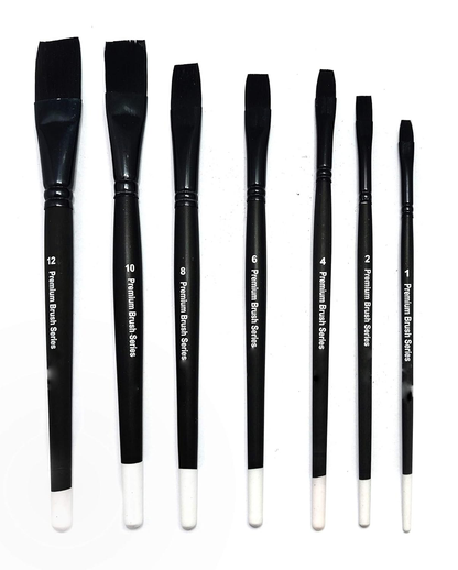 Qatalitic 7 Pcs Flat Paint Brush, Black and Matty Wooden Handle Brush Set, Size of (1,2,4,6,8,10,12), for Watercolour, Acrylic Colour, Poster Making and Oil Painting