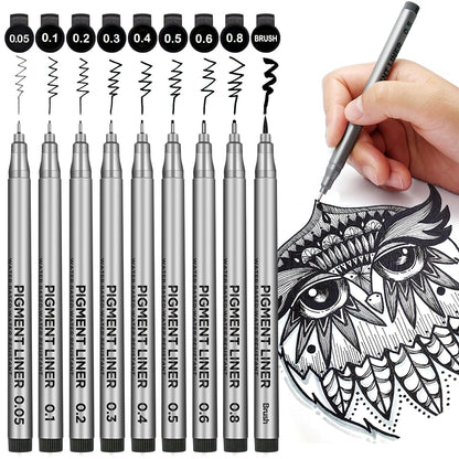 Qatalitic 9 Pcs Black Micro-Pen Fineliner Drawing Ink Pens, Waterproof Archival Black Pigment Writing Drawing Pens, Assorted Point Sizes for Sketching, Anime, Manga, Technical Drawing, Scrapbooking