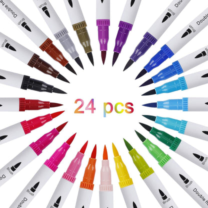 Qatalitic Dual Tip Brush Pens - 24 Color Felt Tip Pen Set with Fineliners, Watercolor Marker, And Highlighters - Ideal for Coloring, Drawing, Sketching, And Calligraphy, Multicolor