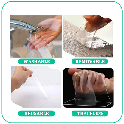 Qatalitic 2 Pcs Double Sided Adhesive Tape 3 Metre Heavy Duty, Clear & Tough Nano, Removable, Reusable and Washable Transparent Adhesive Tape for DIY Art & Craft