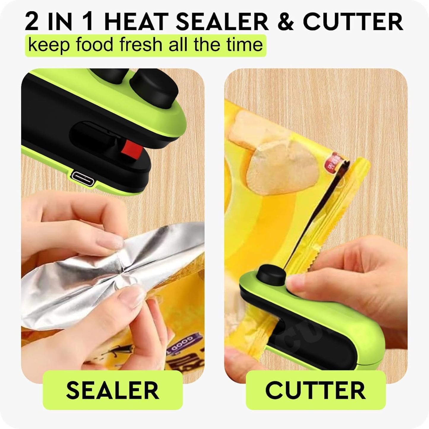 VeriXpress Portable Mini Sealing Machine, 2 in 1 USB Rechargeable Magnetic Heat Sealing & Cutting, for Food, Snacks, Chips, Fresh Storage, Plastic Bags Sealing Machine 1 YEAR Warranty (Green)
