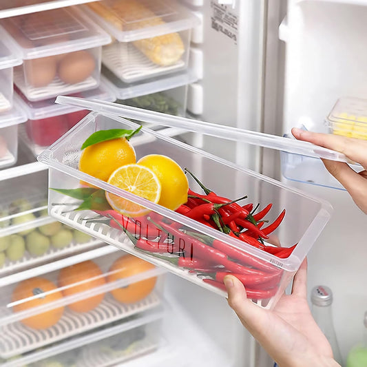 VOLTURI Fridge Storage Boxes (Pack of 6), Fridge Organisers with Removable Drain Plate, Fridge Storage Containers Keeps Fruits, Vegetables, Pantry Items Stackable, Space-Saving Storage Box Set, 1.5L